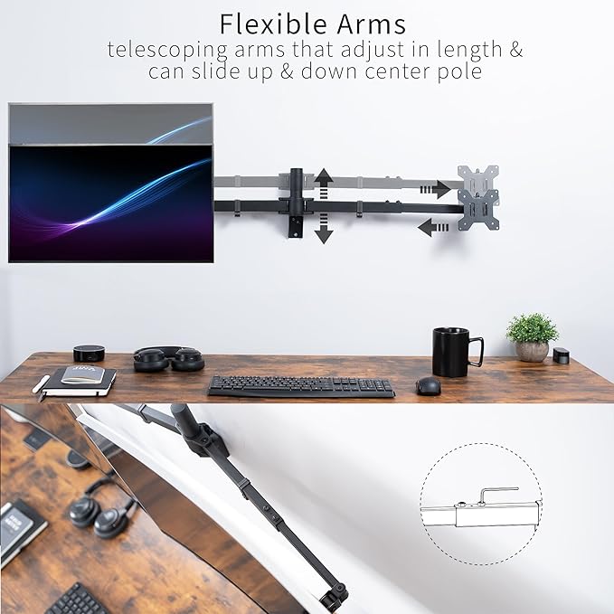 VIVO Premium Dual Ultra Wide LCD LED 27 to 38 inch Monitor Wall Mount, Heavy Duty, Telescoping Arms, Flush Wall Setup, Fits 2 Screens, Black, MOUNT-TS38B