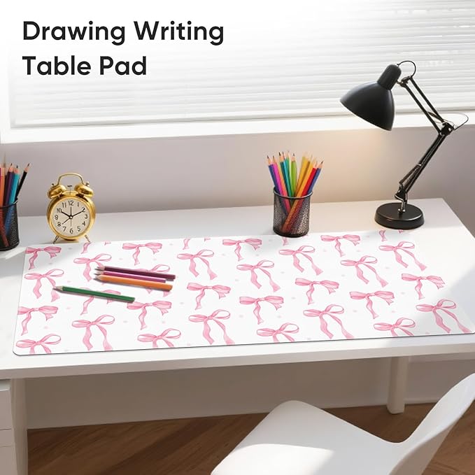Desk Mat, XXL Large Mouse Pad,Leather Desk Pad Blotter Protector,Computer Laptop Mouse Pads for Desktop,Waterproof Writing Anti-Slip Mousepad for Office and Home I Pink Bow Girly