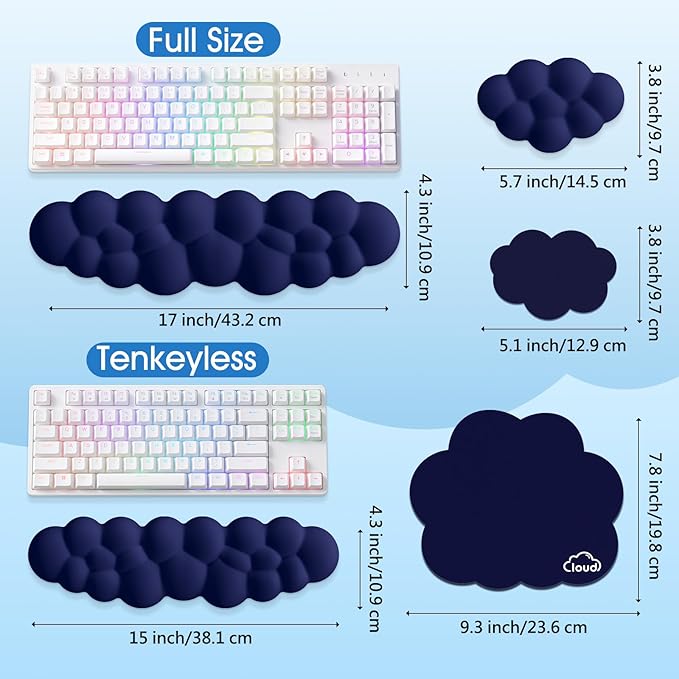 Cloud Wrist Rest Keyboard Cushion, 4-in-1 Ergonomic Cloud Keyboard Wrist Rest and Mouse Pad Set with Memory Foam Arm Support for Palm, Cute Desk Accessory for PC Gaming Setup, Dark Blue