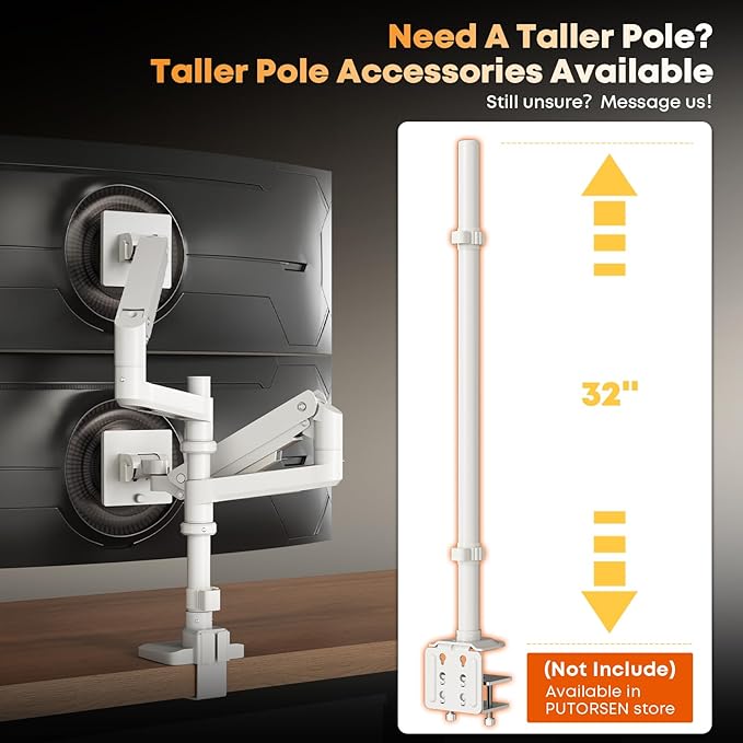 PUTORSEN 17-49”Premium Aluminum Heavy Duty Dual Monitor Arm for Ultrawide Screens up to 44lbs, Vertical Stacked Dual Monitor Desk Mount, Full Motion Dual Vertical Monitor Mount, VESA 75/100, White