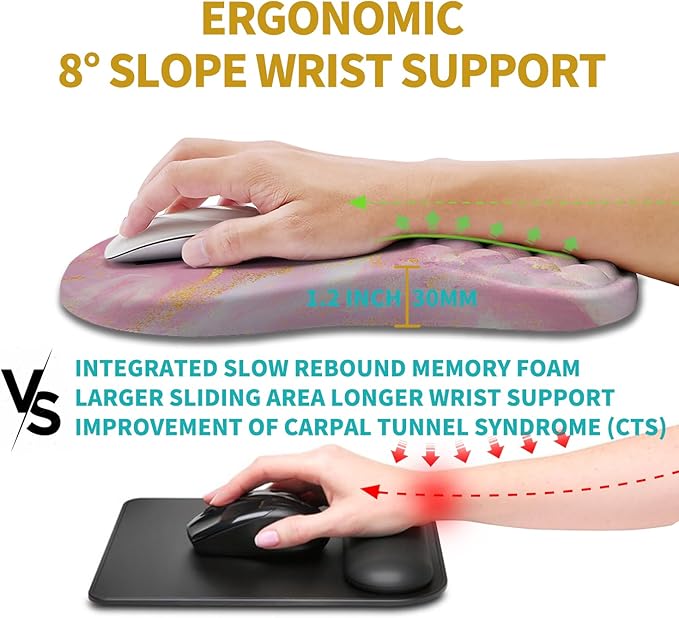 Hokafenle Ergonomic Mouse Pad Wrist Support, Wrist Rest Mousepad for Carpal Tunnel with Integrated Memory Foam Slope Massage Bulge (11.8x7.9 inch,Pink Gold Marble)