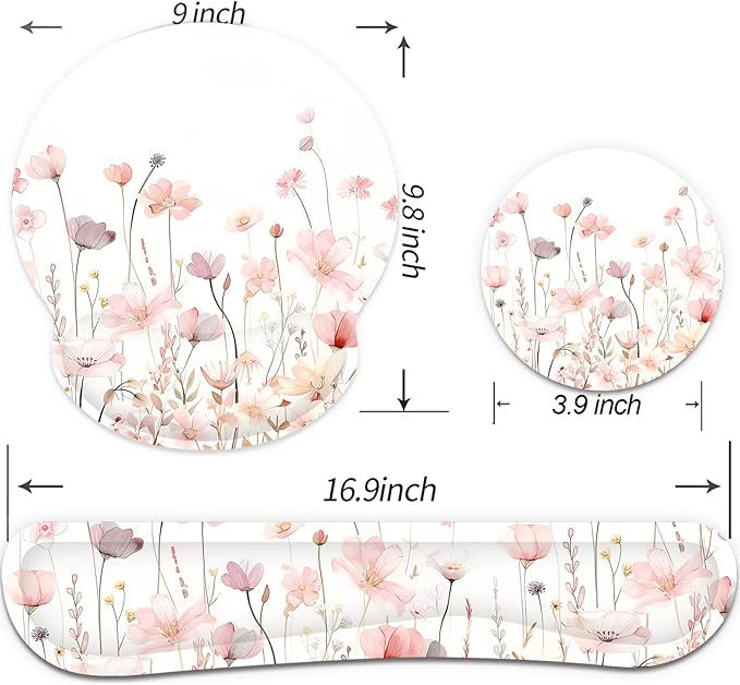 Ergonomic Mouse Pad with Wrist Rest and Keyboard Wrist Rest, Mousepad and Wrist Rest for Computer Keyboard, Non-Slip Rubber Base, Mouse Pad Wrist Support for Gaming, Office, Pink Watercolor Flower