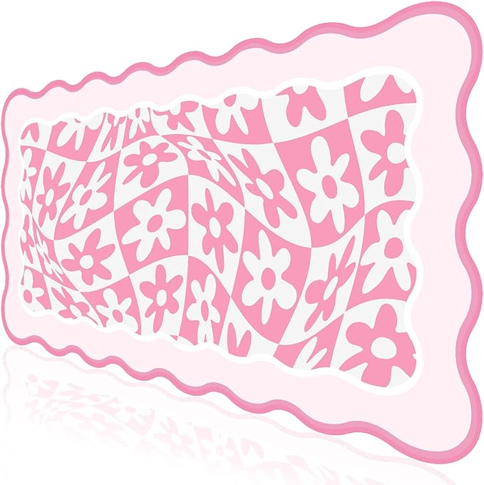L-SPOUTTO Pink Mouse Pad,Retro Desk Mat XXL Large Scalloped Gaming Mousepad,35.4x15.7in Non-Slip Rubber Base Keyboard Pad Waterproof Desktop Mat for Laptop Computer Work Game Home Office-Pink Daisy