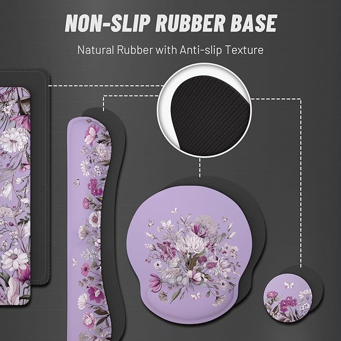 Ovenbird Mouse Pad Set 4-in-1 | Large Gaming Mousepad, Keyboard Wrist Rest, Mouse Wrist Support, Coaster | Ergonomic Office Desk Mat Accessories for Women Men | 4PCS, 35.4 x 15.7in, Purple Floral