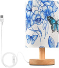 Blue Floral Butterfly LED Table Lamp, Bedside Lamp with Linen Lampshade, Flicker-Free Eye Care USB Plug in Nightstand Lamp, for Bedroom and Office