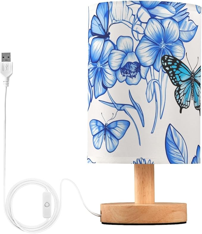 Blue Floral Butterfly LED Table Lamp, Bedside Lamp with Linen Lampshade, Flicker-Free Eye Care USB Plug in Nightstand Lamp, for Bedroom and Office