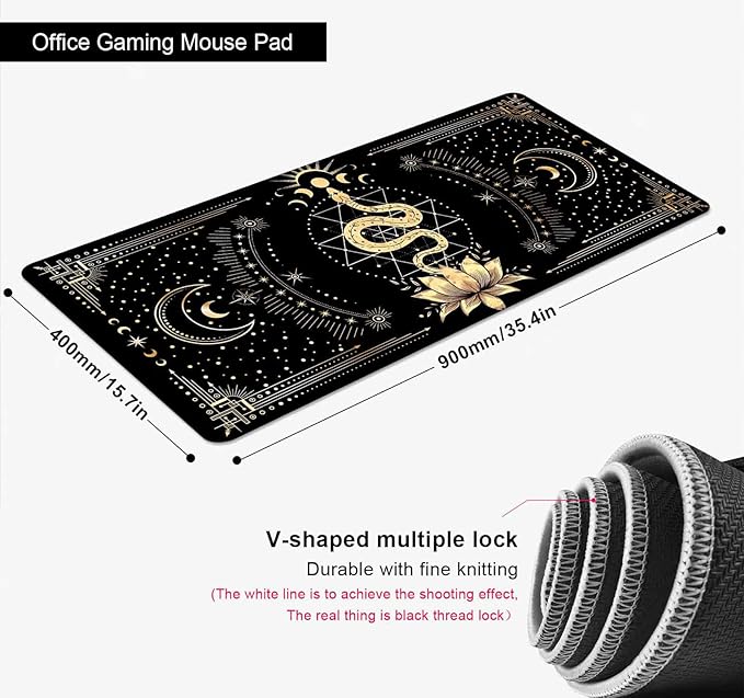Black & Gold Large Mouse Pad, Boho Snake Witch Desk Mat for Desktop, Women Gaming Full Desk Mousepad, Moon Phases Computer Laptop Protector Writing Pad for School Office Home 35.4x15.7 in