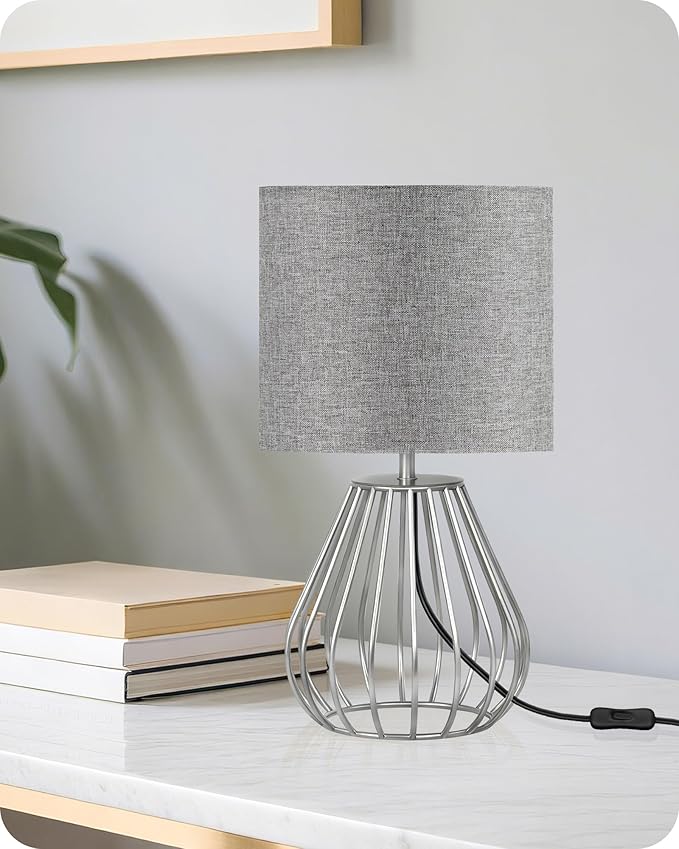 Small Table Lamp, Bedside Lamp with Gray Linen Lampshade & Silver Metal Base, Modern Nightstand Lamp, Little Cute Desk Lamp for Bedroom, Living Room, 2700K LED Bulb Included, SH06TL05