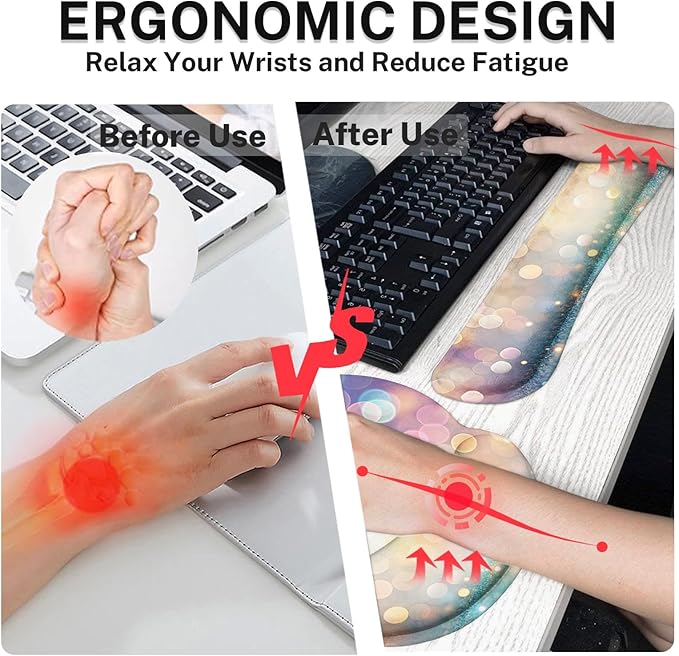 Britimes Abstract Pink and Blue Glitter Keyboard Mouse Pad Set 4in1 Large Mousepad+Keyboard Wrist Rest+Mouse Wrist Rest+Coaster Set with Ergonomic Design for Home Office Computer 35.4x15.7 inches