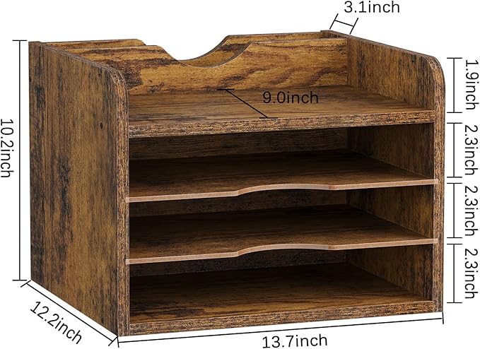 Snughome Vintage Wood File Organizer Desktop, 13.4’’ Document Letter Mail Tray Sorter with 3 Adjustable Shelves, Wooden Desktop Paper File Sorter Holder (Rustic Brown, 13.78’’L x 11.81’’W x 11.02’’H)