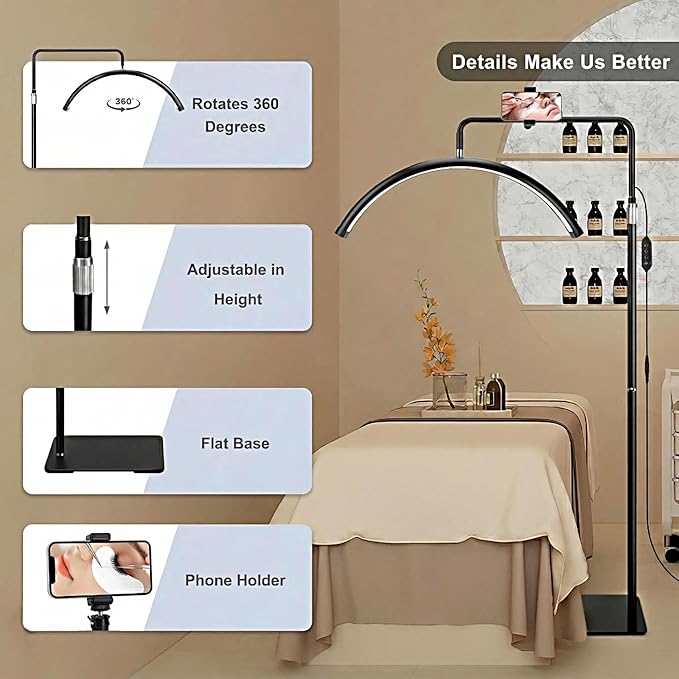 24" Half Moon Lash Light with Phone Holder & Remote Control, Height Adjustable Lash Lamp with 360° Rotating Head, Dimmable Shadow-Free Salon Light for Eyelash Extensions, Tattoo, Skincare, Spa
