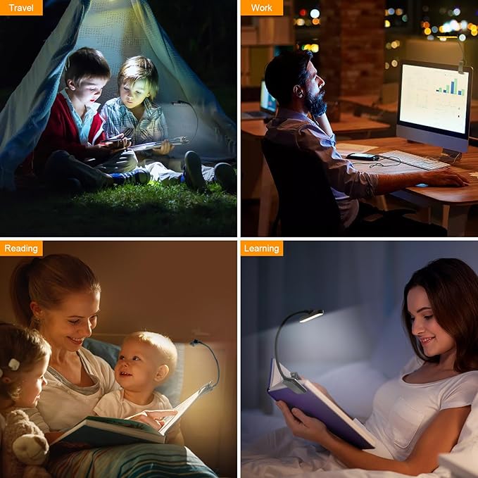karidi Rechargeable 24 LED Book Light for Reading, 360° Flexible Gooseneck, 5 Color Tones, Clip-on for Books/Tablet/Bed, USB-C, 80H Glare-Free Eye Care (Black)