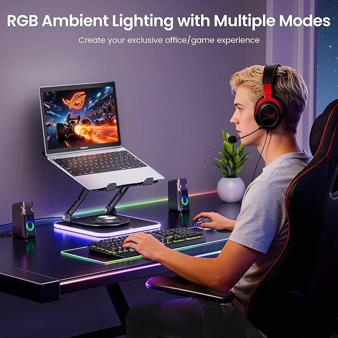 RGB Laptop Stand for Desk, Adjustable Ergonomic Laptop Riser with 360° Rotating Base, Foldable & Portable Computer Stand, Suitable for All 10-16” Laptops