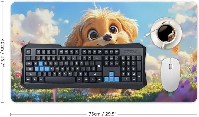 Large Ergonomic Gaming Mouse Pad Fluffy Puppy in Sunny Meadow - Cute Dog Theme with Non-Slip Base Water-Resistant Surface and Stitched Edges 40X75cm