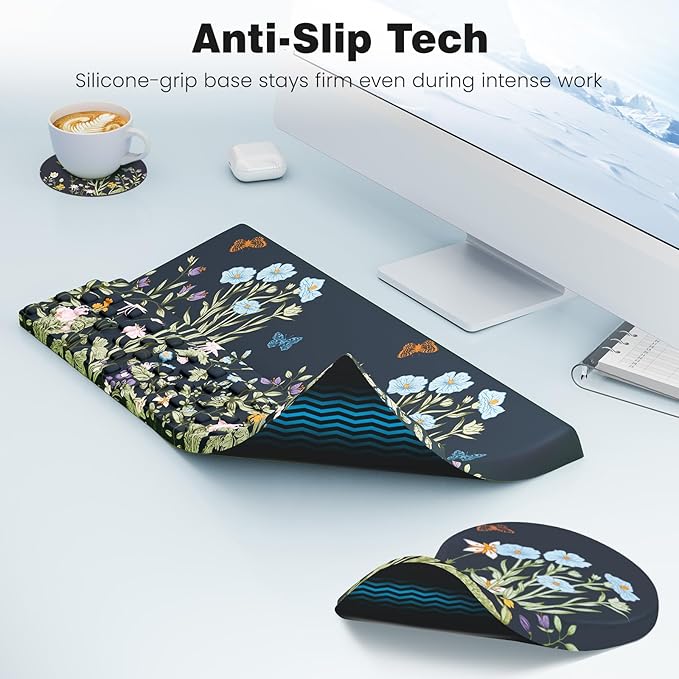 Ospelelf Ergonomic Mouse Pad and Keyboard Stand Wrist Rest Set, Memory Foam Comfort, Wrist Support for Typing, Office Desk Accessories, Moonlit Blossoms