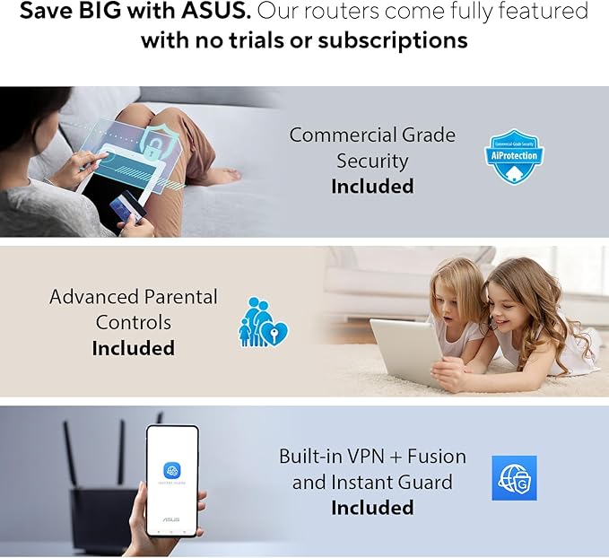 ASUS RT-AX1800S Dual Band WiFi 6 Extendable Router, Subscription-Free Network Security, Parental Control, Built-in VPN, AiMesh Compatible, Gaming & Streaming, Smart Home