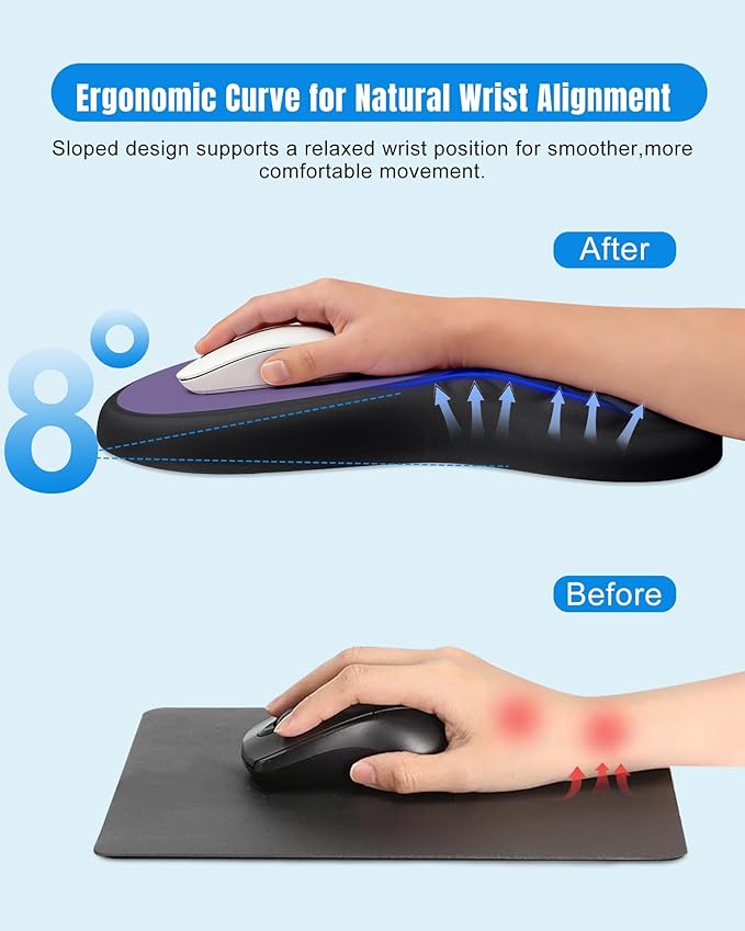 Ergonomic Mouse Pad with Wrist Rest, Slope Design Memory Foam Support, Smooth Lycra Surface, Non-Slip PU Base, Comfortable Mouse Mat for Office, Home, Computer Desk (Black&Purple)