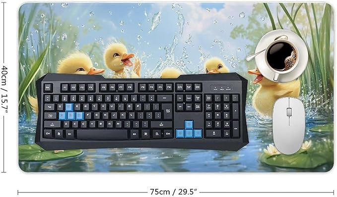 Large Ergonomic Gaming Mouse Pad Playful Ducklings in Pond - Cute Waterfowl Theme with Non-Slip Base Water-Resistant Surface and Stitched Edges 40X75cm