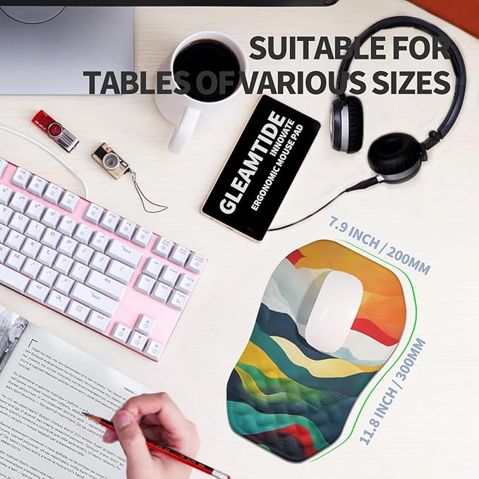 Ergonomic Raised Mouse Pad Wrist Support with Bilateral Slope Memory Foam Mousepad for Wrist Rest and Carpal Tunnel 11.8x7.9〃Colorful Lines