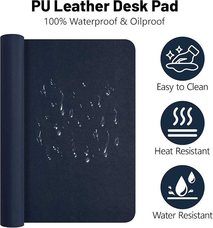 Desk Pad Mat, Navy Blue Leather Desk Mat for Desktop, Computer Mouse Pad Non-Slip, Waterproof Keyboard Mats for Office/Home/Decor, 23.6" x 13.7"