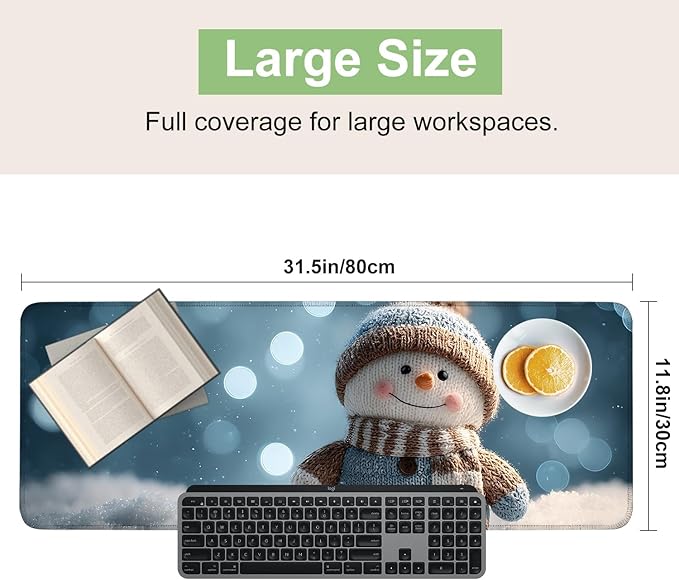 Desk Mat, XXL Extended Gaming Pad for Desktop, 31x12 Inches Scarf and Hat Snowman, Large Non-Slip Vegan Leather Surface with Stitched Edges, Keyboard Mouse Mat for Home Office