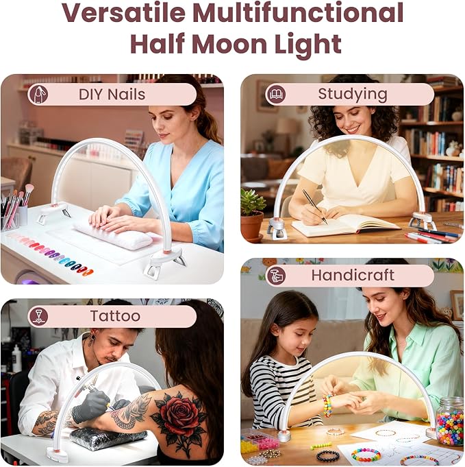 Yokilly Arc Half Moon Light: 20" Half Moon Light with Foldable Bracket for Desk Salon Table Use - No Flicker & Shadow-Free Desk Lamp with Stepless Brightness 3000-6500K for Manicurist Nail Tech