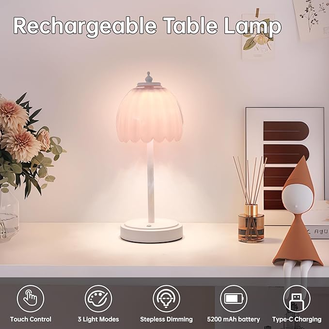 Rechargeable Table Lamp with 5200mAh Battery & Touch Control - 3 Adjustable Color Temperatures, Cordless Dimmable Table Light for Bedroom, Office Desk, Nightstand(Creamy Pink, 1 Pack