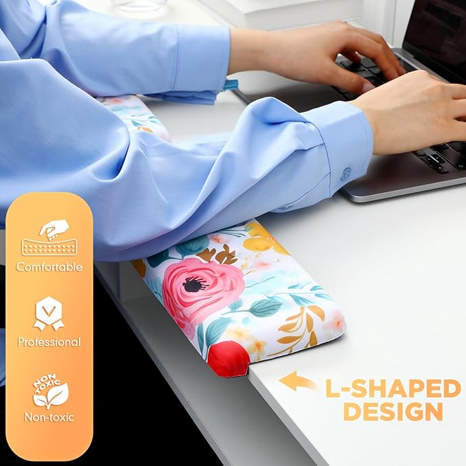 2 Pcs L-Shaped Desk Wrist Rest Elbow Pad Set Desk Edge Rest Cushion Non-Slip Memory Foam Arm Padding Wrist & Forearm & Elbow Comfort Support for Table or Table Edge (Watercolor Flowers)