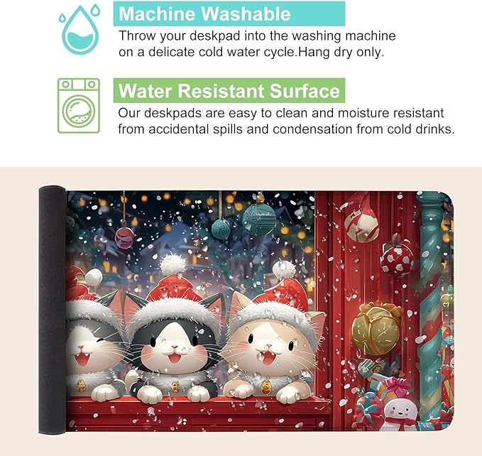 Desk Mat, XXL Extended Gaming Pad for Desktop, 35x16 Inches Cats in Santa Hats at Window, Large Non-Slip Vegan Leather Keyboard Mouse Mat for Home Office