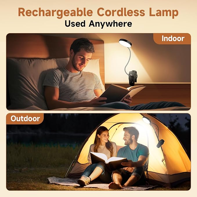 Mubarek Clip on Lamp,5 Brightness+5 Color Clip on Light,200LM 36 LED Reading Lights for Books in Bed,1800mAh Battery Powered Lamp Battery Operated Lights,Rechargeable Desk Lamp with Clamp Light