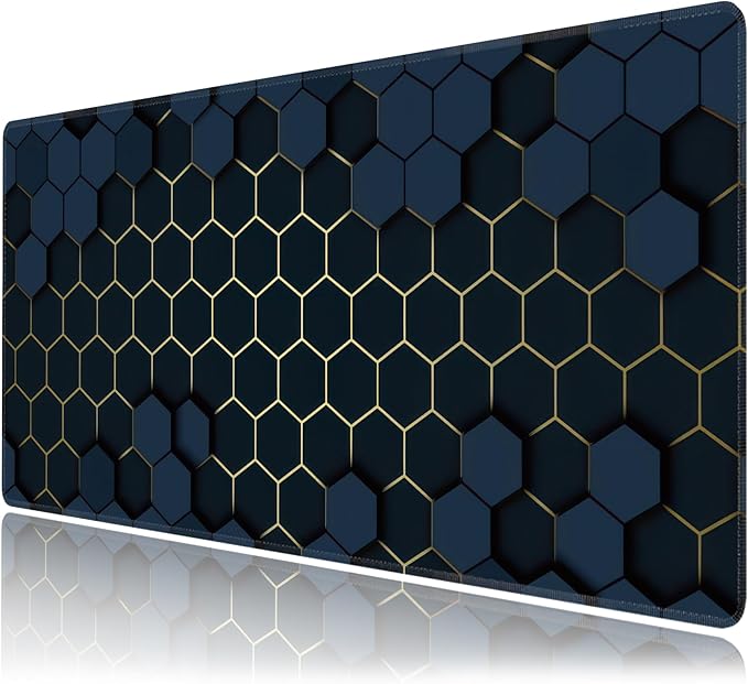 Desk Mat, Hexagon Gold Honeycomb XXL 35.4"x15.7"Large Gaming Mouse Pad, 3mm Thick Gaming Keyboard Pad,Desk Pad Non-Slip Rubber Base with Stitched Edges for Office Game Home Decor