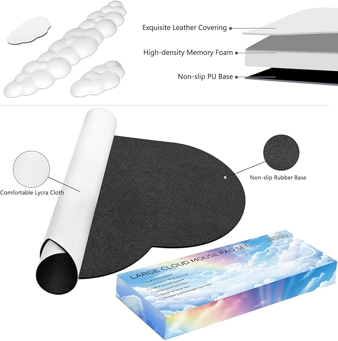 JIKIOU Large Cloud Mouse Pad Waterproof with Cloud Keyboard Wrist Pad and Cloud Mouse Wrist Pad Set, Ergonomic Computer Desk Wrist Support Mousepad for Keyboard and Mouse White