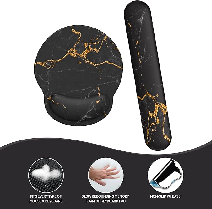 eulps Mouse Pad Wrist Support, Ergonomic Memory Foam Keyboard Wrist Pad & Gel Wrist Rest Set for Computer Keyboard for Easy Typing for Office & Home (Black Marble Set)