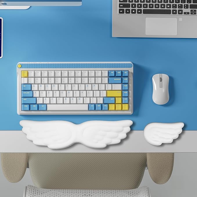 White Angel Wings Ergonomic Memory Foam Wrist Rest Computer Keyboard and Mouse Set Cute Gaming Keyboard Wrist Support pad PU Leather Surface Non-Slip and Waterproof Includes a Cleaning Brush