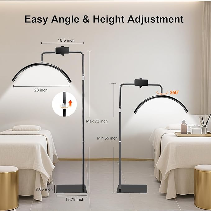 Half Moon Lash Light with Phone Holder, 28" LED Esthetician Floor Lamp for Eyelash Extensions, Dimmable Professional Beauty Light for Lash Artists, Tattoo, Nail Art, Facial, Skincare & PMU Salon