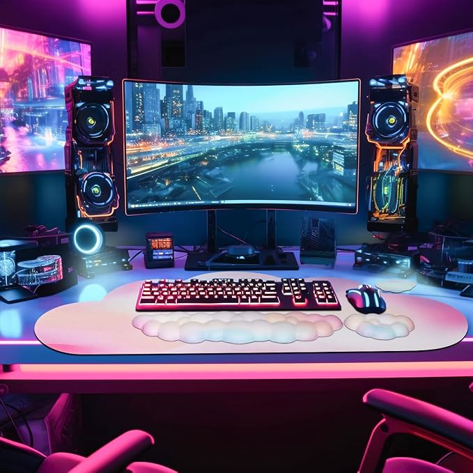 JIKIOU Large Cloud Mouse Pad Waterproof with Cloud Keyboard Wrist Pad and Cloud Mouse Wrist Pad Set, Ergonomic Computer Desk Wrist Support Mousepad for Keyboard and Mouse 35.4x15.7in Rainbow