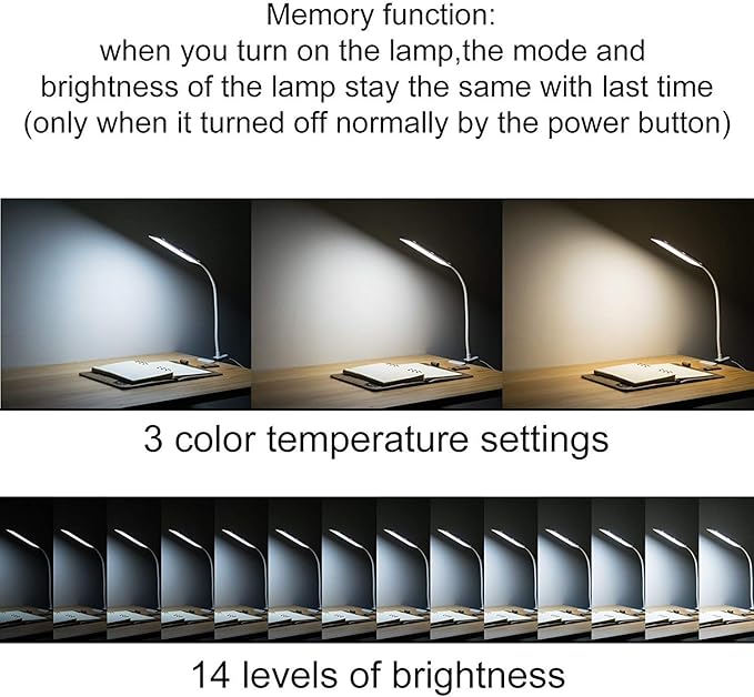 LED Desk Lamp Dimmable Eye-Caring Table Lamp Reading Light Office Light Adjustable 3 Color Modes,14 Brightness Levels, Gooseneck Flexible Clip-on Light for Studying, 5W-White