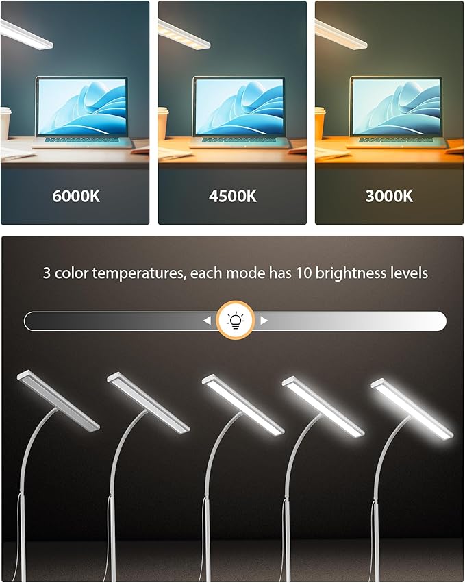 Clamp Desk Lamp with Adjustable Brightness, Eye-Caring LED, Rotatable Head, USB Powered, Space-Saving Design for Office, Reading, Work, and Home Desktop Lighting - White