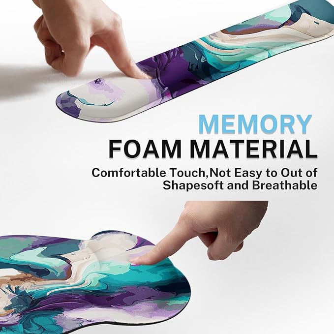 Britimes Teal and Purple Liquid Marbling Keyboard Mouse Pad Set 4in1 Large Mousepad+Keyboard Wrist Rest+Mouse Wrist Rest+Coaster Set with Ergonomic Design for Home Office Computer 35.4x15.7 inches