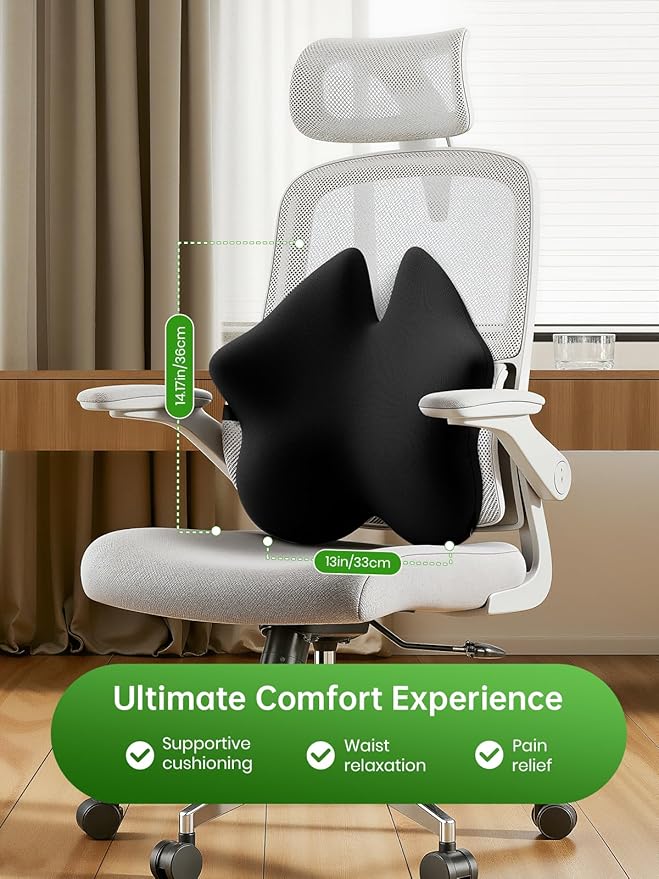 Benazcap Lumbar Pillow, Back Support for Office Chair, Car Seat, Sofa, Travel, Ergonomic Multi-Region Memory Foam & Adjustable Straps, Lower Back Support and Improved Posture Effectively, Black