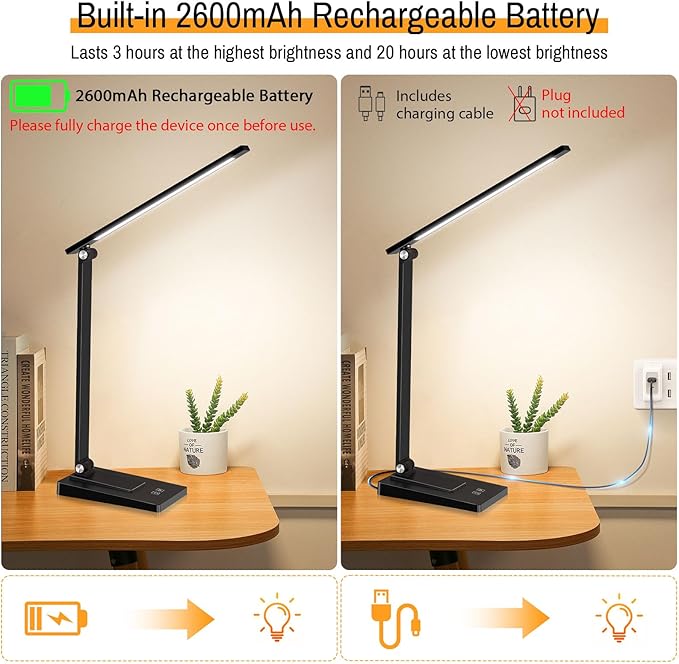 ErayLife Rechargeable LED Desk Lamp, 800LM 2600mAh Reading Table Lamp, 5 Color Modes 5 Brightness Touch LED Desk Lamps, Bedside Lamp with USB Charging Port for Study Home Office Nail, Black