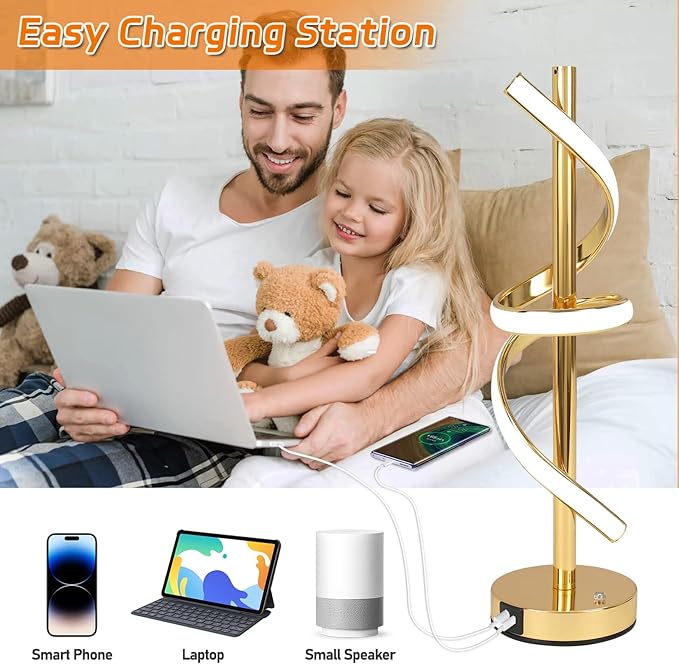 LED Modern Table Lamp, Dimmable Spiral LED Table Lamp, 3 Colors Touch Control, Modern Nightstand Lamp with USB/Type C for Bedroom Living Room