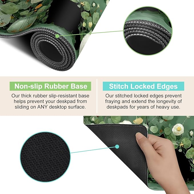 Desk Mat, XXL Extended Gaming Pad for Desktop, 31x12 Inches Floral Cats Three Kittens with Flowers, Large Non-Slip Vegan Leather Surface with Stitched Edges, Keyboard Mouse Mat for Home Office