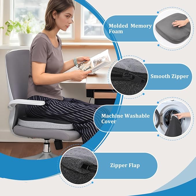GOFORIT Molded Memory Foam Seat Cushion, Patent Dual-Layer Foam Design Office Chair Pad, Ergonomic Coccyx Cushion for Sciatica Pain Relief, Black