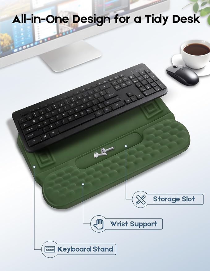 Wrist Rest with Keyboard Stand and Storage Slot, Ergonomic Computer Keyboard Wrist Rest, Soft Memory Foam, Non-Slip Base, Wrist Pad for Keyboard Pad with Wrist Support for Work Study Game