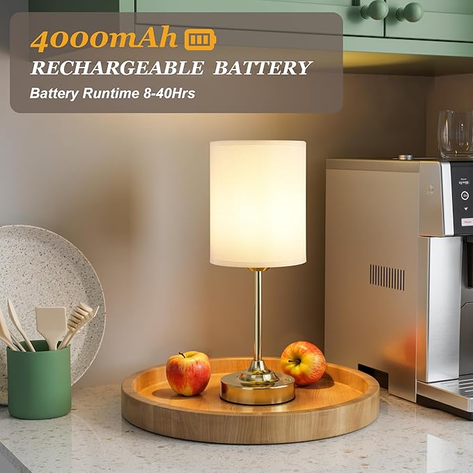 Touch Control Cordlss Table Lamp, USB-C Rechargeable Lamp with Stepless Dimming, 4000mAh Battery Operated Vintage Bedside Lamp for Bedroom, Living Room, Night Light & Emergency Lighting, Brass, 1 Pack