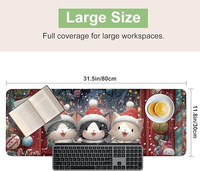 Desk Mat, XXL Extended Gaming Pad for Desktop, 31x12 Inches Cats in Santa Hats at Window, Large Non-Slip Vegan Leather Keyboard Mouse Mat for Home Office