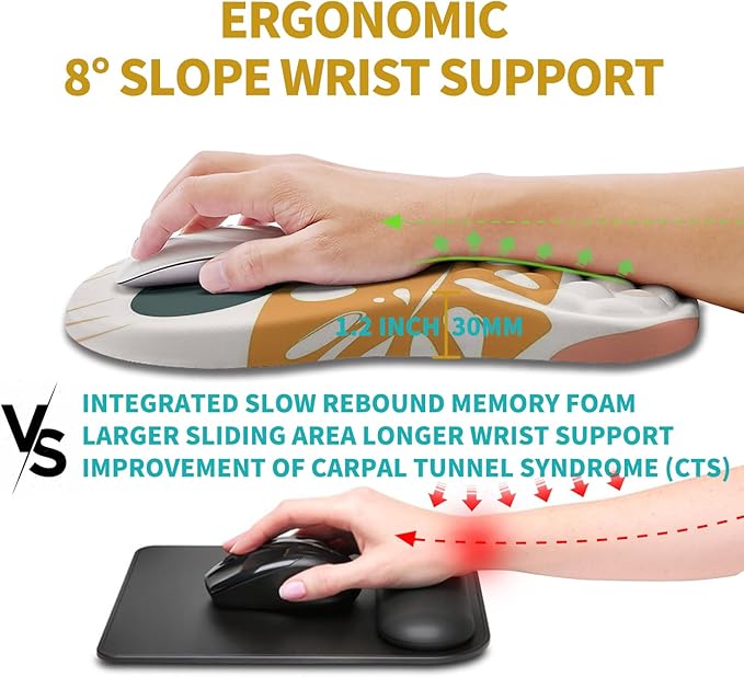 Hokafenle Ergonomic Mouse Pad Wrist Support, Wrist Rest Mousepad for Carpal Tunnel with Integrated Memory Foam Slope Massage Bulge (11.8x7.9 inch,Abstract Leaves)