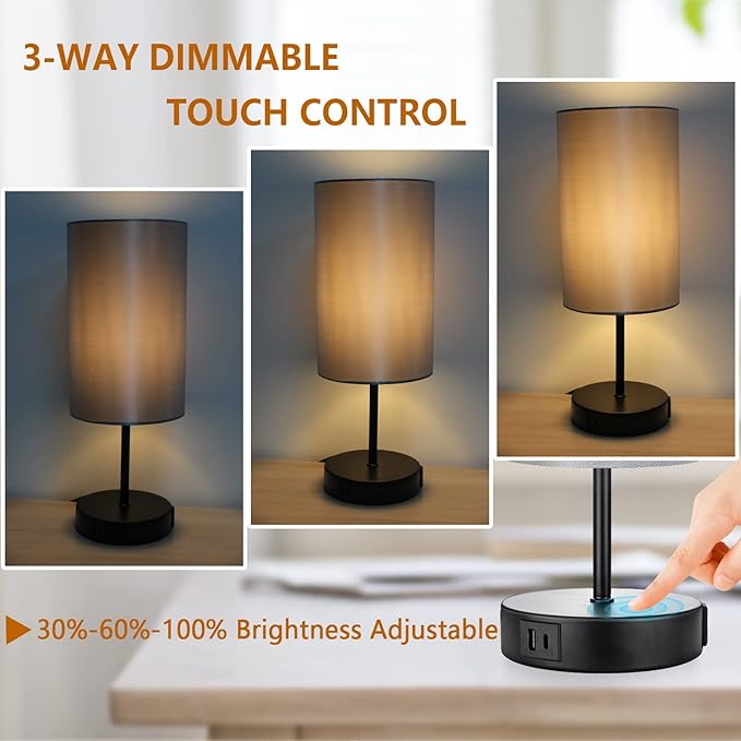 HiBay 2-Set 17.75" Touch Bedside Table Lamps with USB Charging Ports & AC Outlet, Industrial Black 3-Way Dimmable LED Nightstand Lights with Silver-Gray Shade for Bedroom Living Room Decor