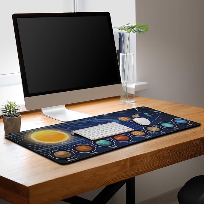 Biggest Mouse Pad - Yellow Pc Desk Mat, 900X400mm Waterproof Non-Slip Rubber Base, 35.4" X 15.7" for Work, Game, Office Galaxy Solar System Planets